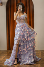 Load image into Gallery viewer, Sheer Corset Bodice Ruffle Slit Prom Dress