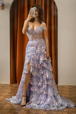 Load image into Gallery viewer, Sheer Corset Bodice Ruffle Slit Prom Dress