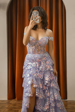 Load image into Gallery viewer, Sheer Corset Bodice Ruffle Slit Prom Dress