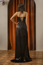 Load image into Gallery viewer, Black Slit Ruched Prom Dress with Lace
