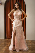 Load image into Gallery viewer, One Shoulder Beaded 3D Flowers Prom Dress