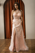 Load image into Gallery viewer, One Shoulder Beaded 3D Flowers Prom Dress