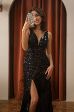 Load image into Gallery viewer, Black Sequin Slit Prom Dress with Feathers