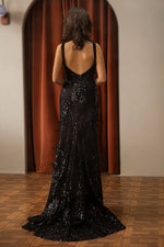 Load image into Gallery viewer, Black Sequin Slit Prom Dress with Feathers