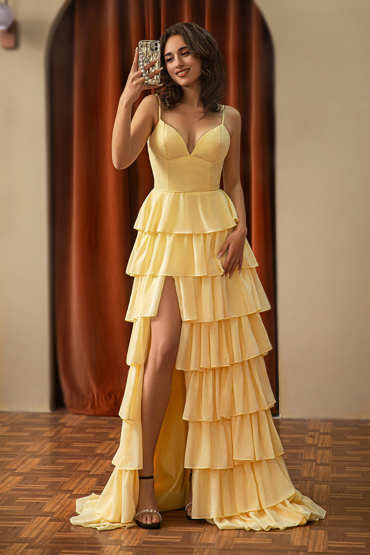 Cute Tiered Yellow Prom Dress