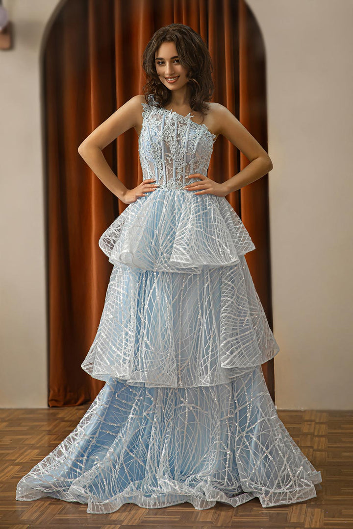 One Shoulder Tiered Corset Senior Prom Dress
