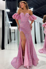 Load image into Gallery viewer, Sequin Puff Sleeves Prom Dress