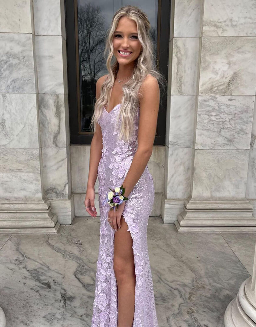 Sequin Side Slit Prom Dress with 3D Flowers