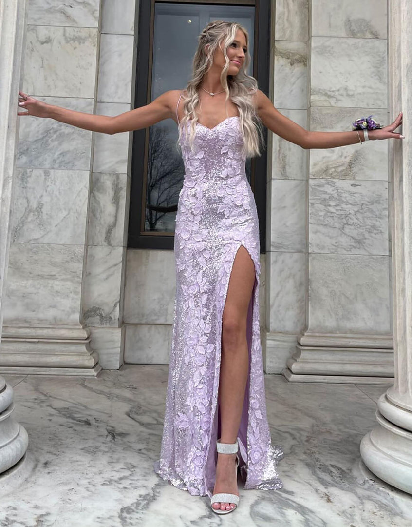 Sequin Side Slit Prom Dress with 3D Flowers