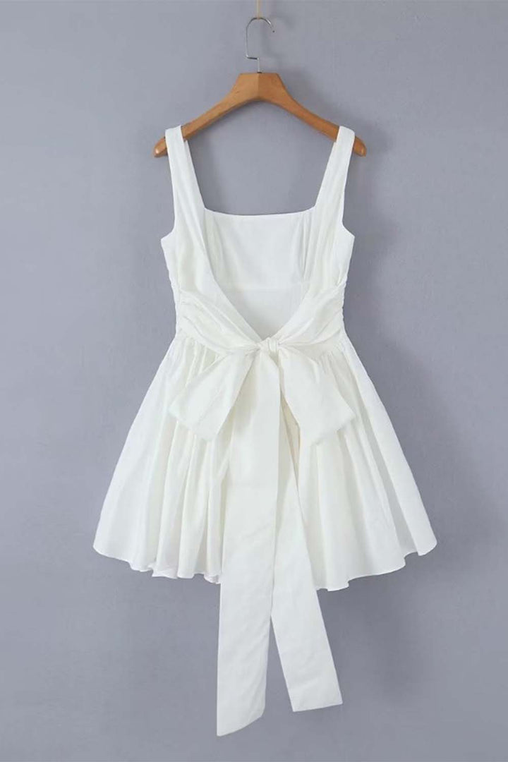 Square Neck Bare Back Bow Short White Dress