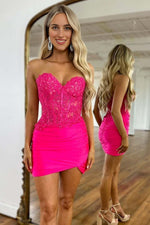 Load image into Gallery viewer, Strapless Sheer Corset Bodice Homecoming Dress with Lace
