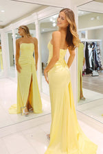 Load image into Gallery viewer, Yellow Strapless Slit Prom Dress
