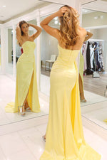 Load image into Gallery viewer, Yellow Strapless Slit Prom Dress
