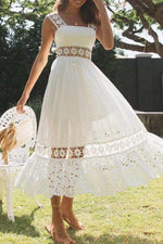 Load image into Gallery viewer, Lace Insert Ruffle White Dress