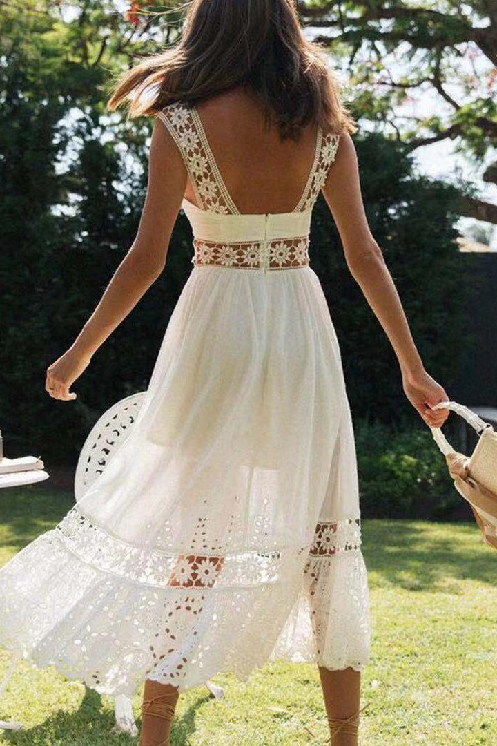 Lace Insert Ruffle White Dress