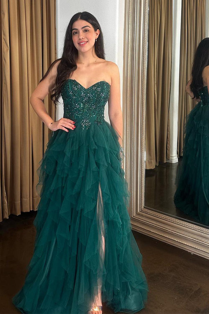 Sweetheart Tulle Dark Green Prom Dress