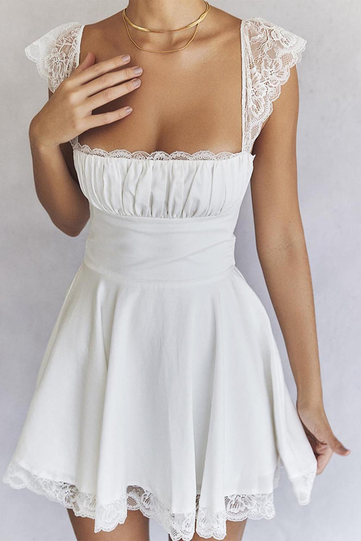 Ruched Bust Ruffle White Dress
