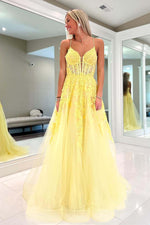 Load image into Gallery viewer, A-Line Yellow Corset Prom Dress