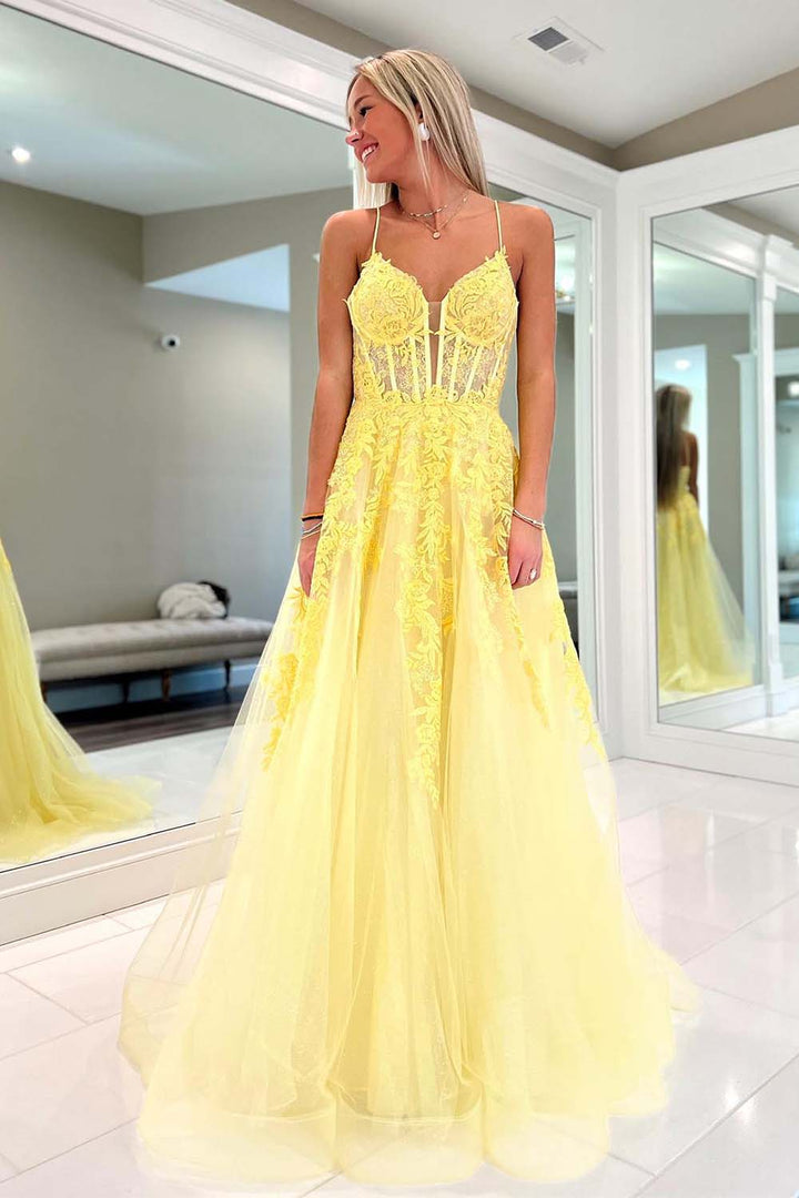 A-Line Yellow Corset Prom Dress