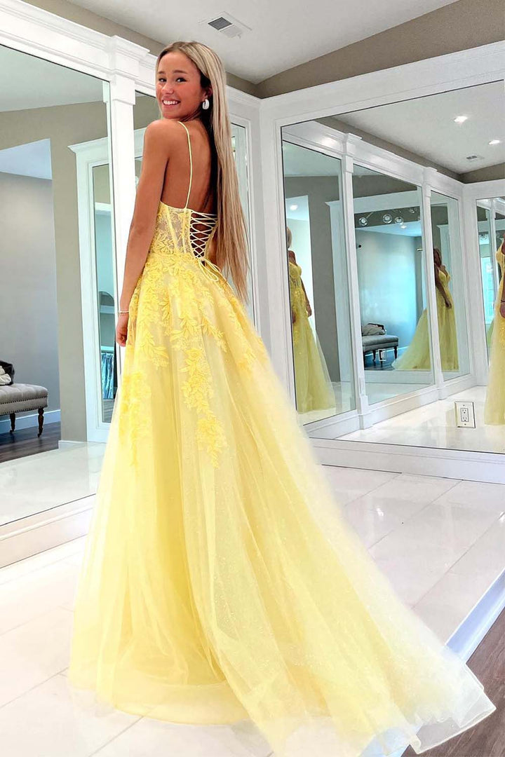 A-Line Yellow Corset Prom Dress