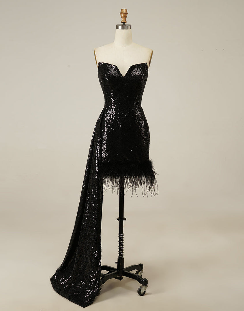 Strapless Black Homecoming Dress with Feathers