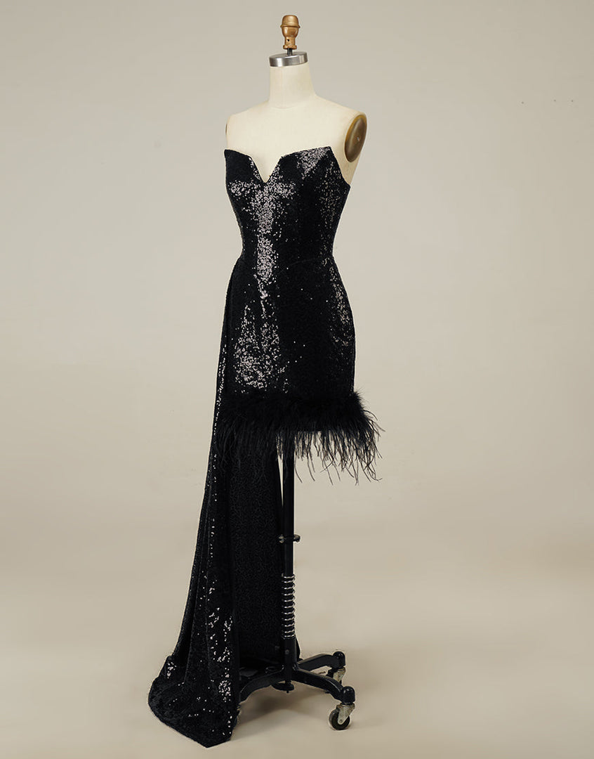 Strapless Black Homecoming Dress with Feathers