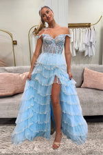 Load image into Gallery viewer, Tiered Corset Side Slit Prom Dress
