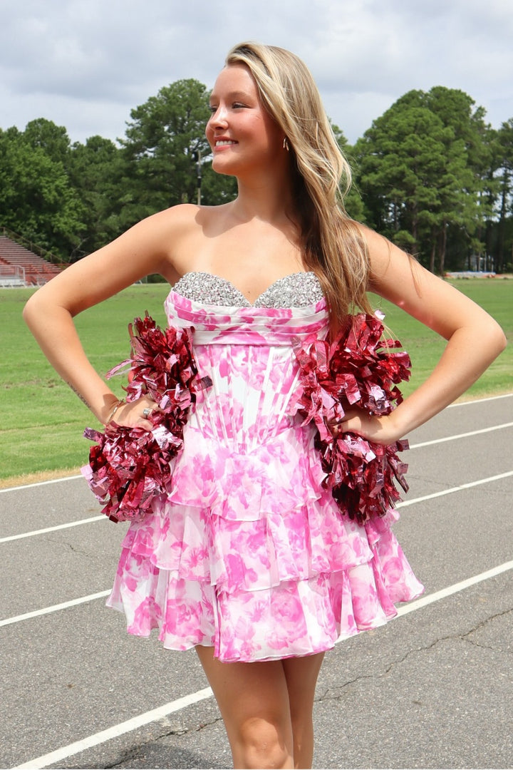 Pink Sweetheart Floral Homecoming Dress with Beads