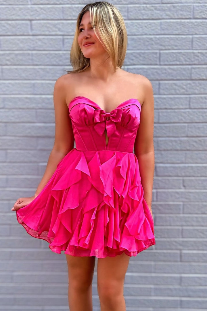 Pink Cut Out Strapless Homecoming Dress With Bow