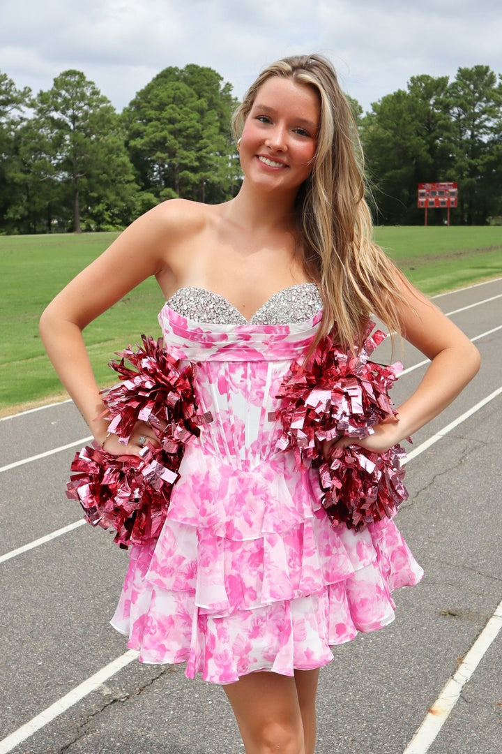 Pink Sweetheart Floral Homecoming Dress with Beads