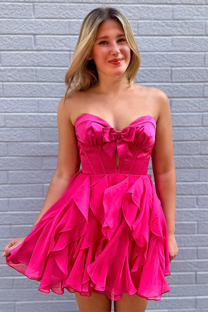 Pink Cut Out Strapless Homecoming Dress With Bow
