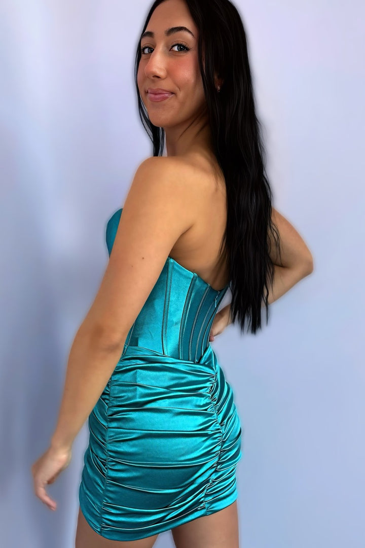 Sheath Light Blue Strapless Corset Homecoming Dress