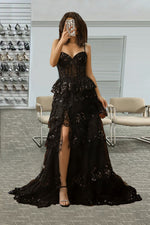 Load image into Gallery viewer, Black Sheer Corset Bodice Prom Dress
