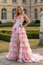 Load image into Gallery viewer, A line Tiered Floral Long Prom Dress With Slit