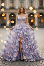 Load image into Gallery viewer, Sheer Corset Bodice Ruffle Slit Prom Dress