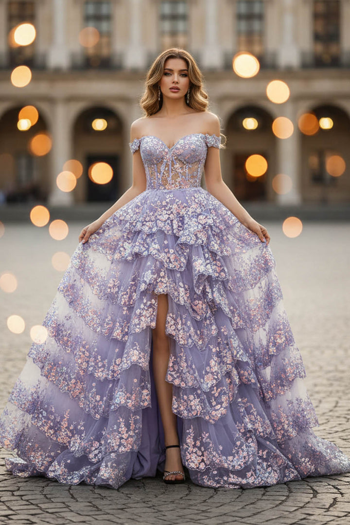 Sheer Corset Bodice Ruffle Slit Prom Dress