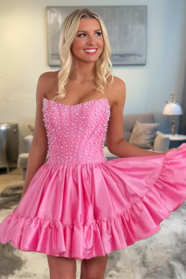 Strapless A Line Pleated Homecoming Dress With Beads