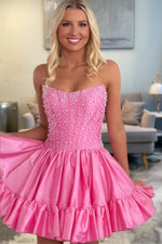 Load image into Gallery viewer, Strapless A Line Pleated Homecoming Dress With Beads
