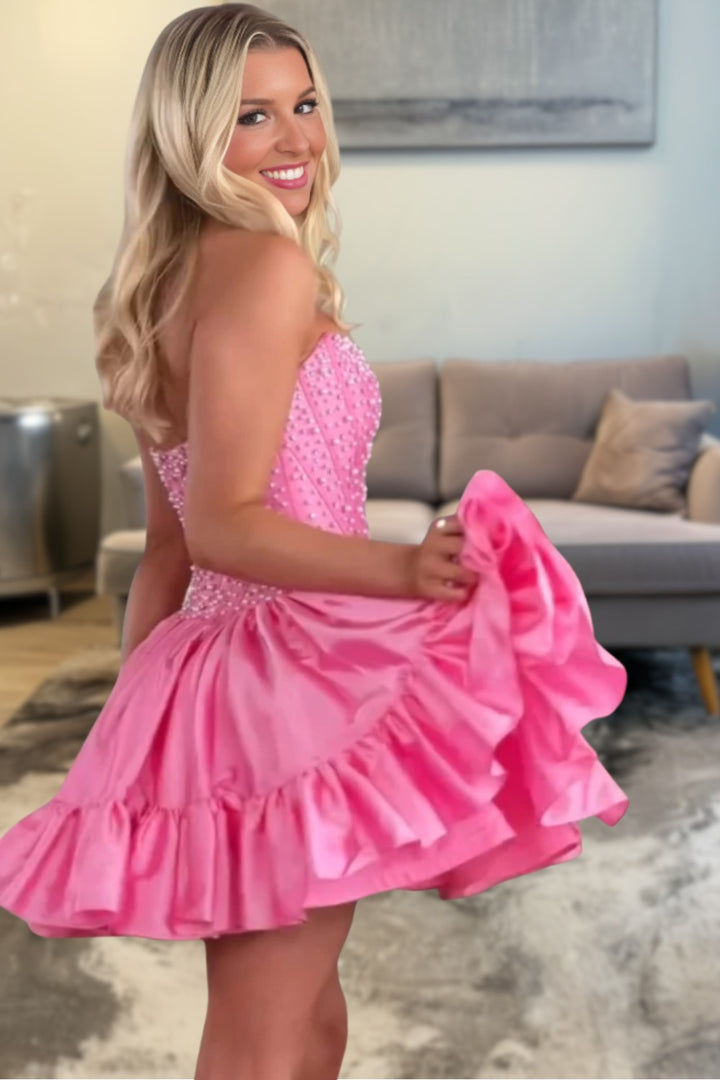 Strapless A Line Pleated Homecoming Dress With Beads
