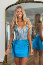 Load image into Gallery viewer, Corset Sheath Blue Homecoming Dress With Beads
