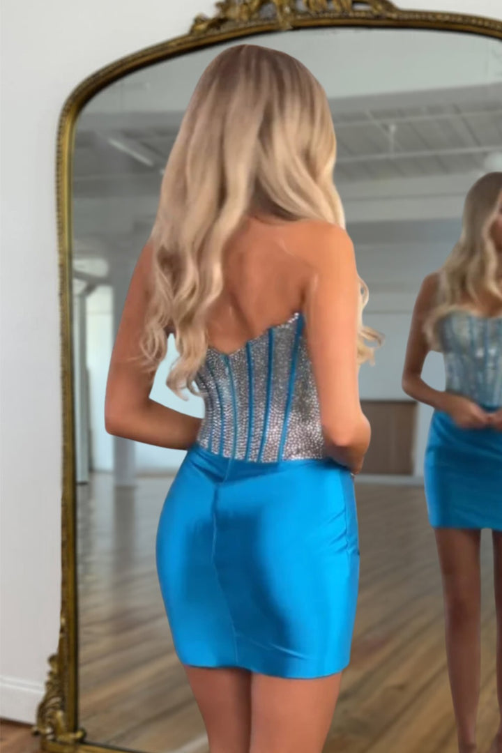 Corset Sheath Blue Homecoming Dress With Beads