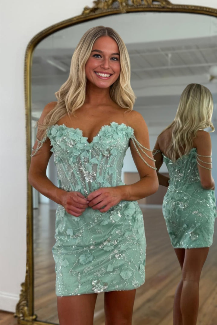 Off the Shoulder Mint Homecoming Dress With Appliques