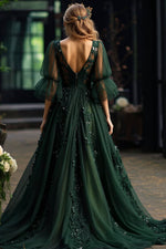 Load image into Gallery viewer, Dark Green Prom Dress with Sleeves