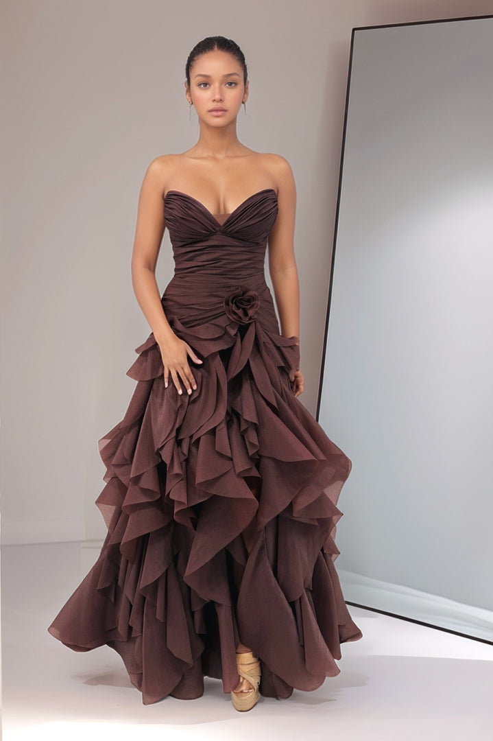 V Neck Tiered Strapless Long Prom Dress