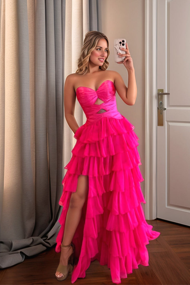 Sexy Tiered Hot Pink Long Prom Dress With Slit