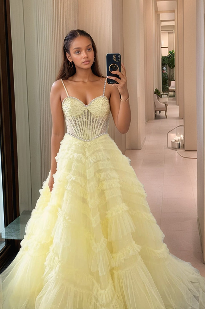 A line Tiered Light Yellow Prom Dress