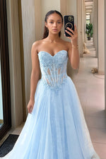 Load image into Gallery viewer, A line Sweetheart Light Blue Prom Dress
