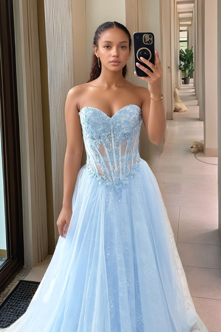 A line Sweetheart Light Blue Prom Dress