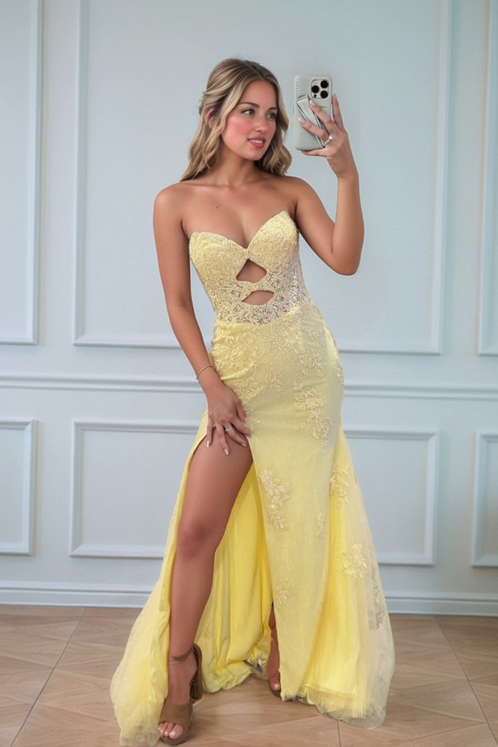 Mermaid Keyholes Yellow Long Prom Dress With Appliques