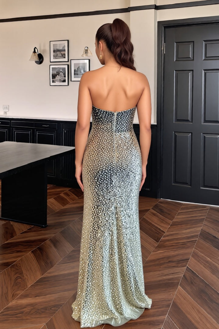 Mermaid Strapless Beaded Long Prom Dress With Slit